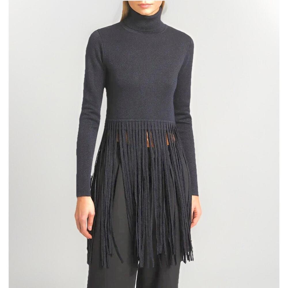 Toccin  Gianna Fringe Turtleneck Sweater Sz Small Black Silver Metallic